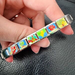 Vintage Style Garden Italian Charm Bracelet Stainless Steel Floral & Fruit Links